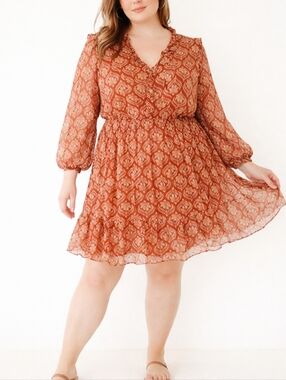 LC Lauren Conrad Floral Chiffon Dress XXL Rust Orange Boho Long Sleeve NWT